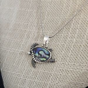 Abalone Shell Silver Turtle Pendant Necklace